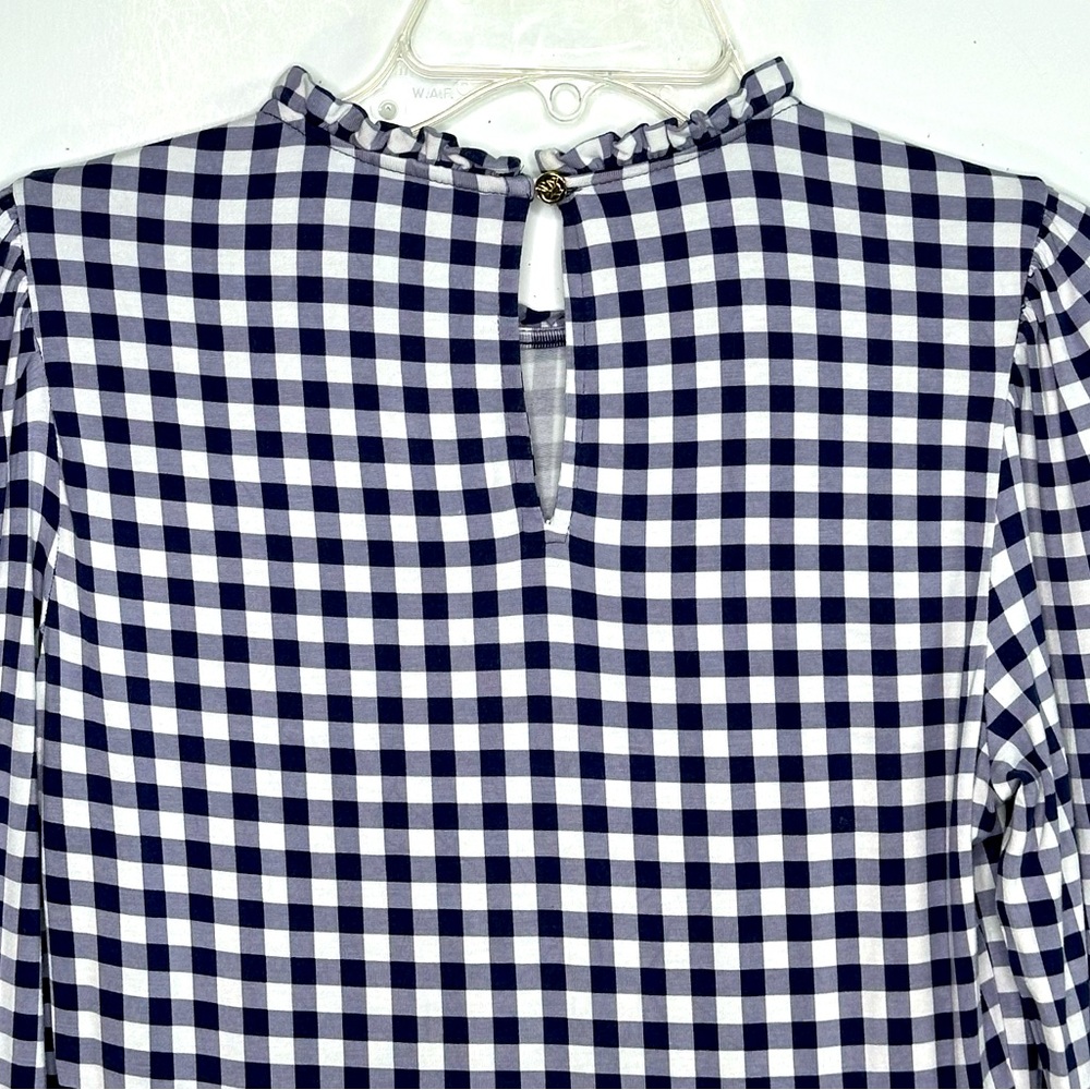 Draper James Kitty Navy Gingham Dress Ruffled Neck Long Sleeve Smocked Cuff Sz S - Picture 5 of 9